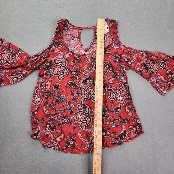 Mossimo Blouse Top Women's XS Red Paisley Cold Shoulder Bell Sleeve Top - Picture 8 of 10